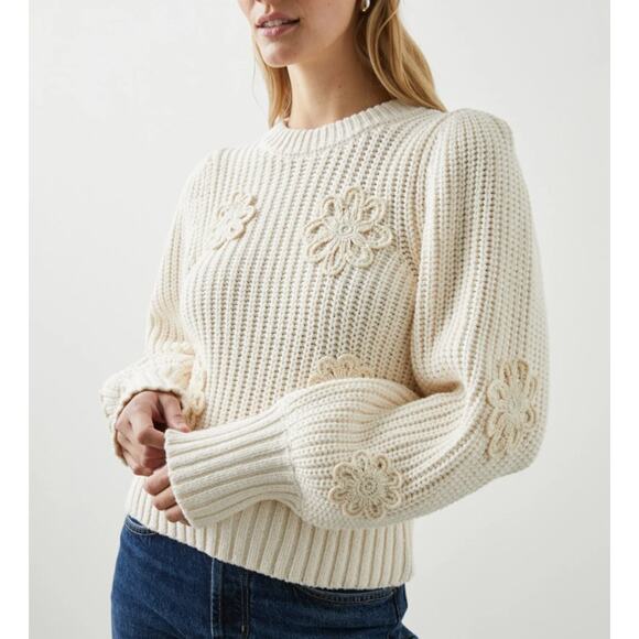 Rails Romy Cream Floral Daisy Applique Chunky Knit Cotton Puff Sleeve Sweater, M - Picture 2 of 11